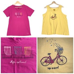 Life is Good Women’s T-Shirt and Tank Top Bundle Size Large Pink and Yellow
